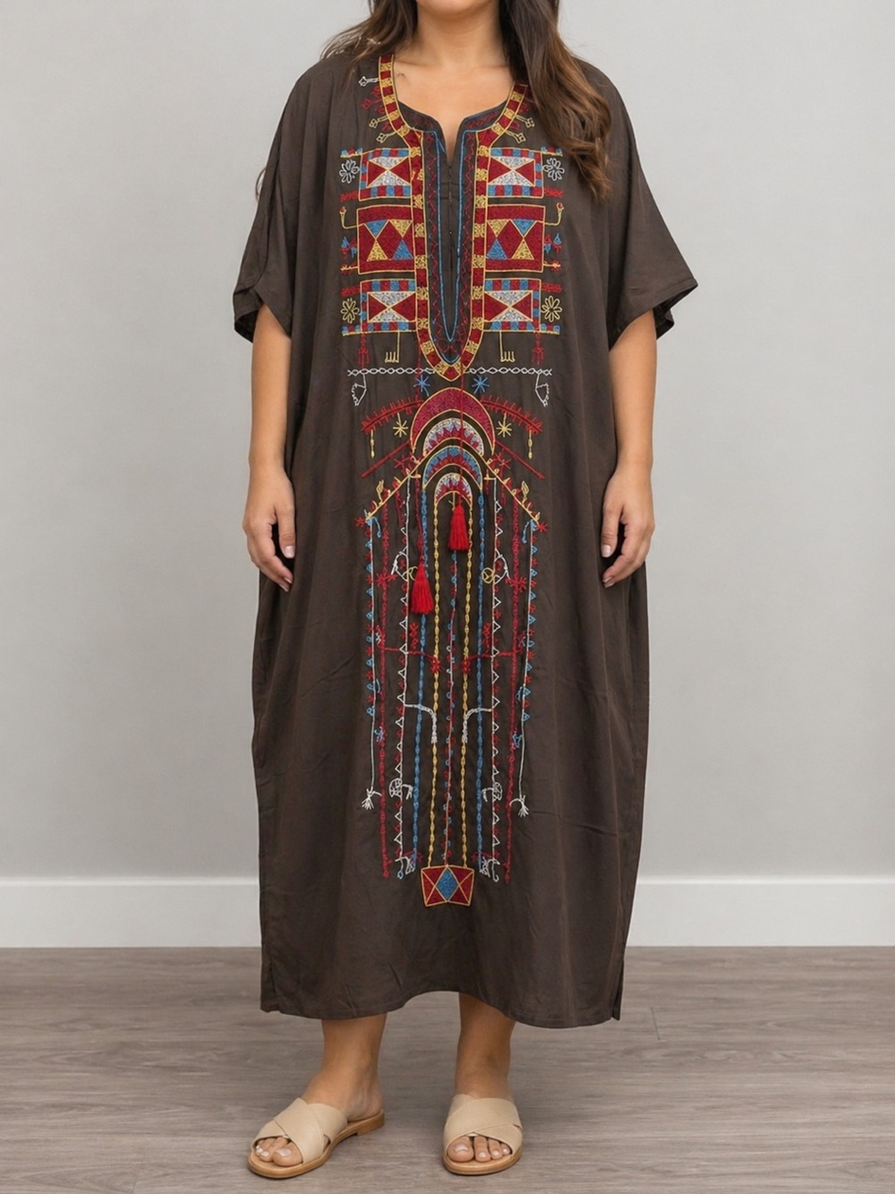 Brown Embroidered Maxi Dress with Geometric Motif